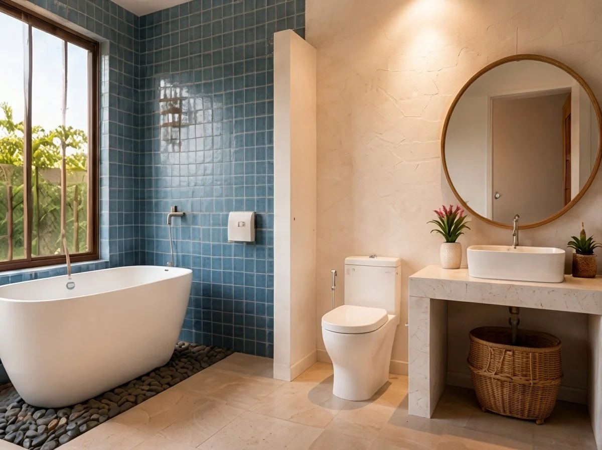 Baño principal con tina exenta, azulejo azul y lavamanos sobre mueble blanco