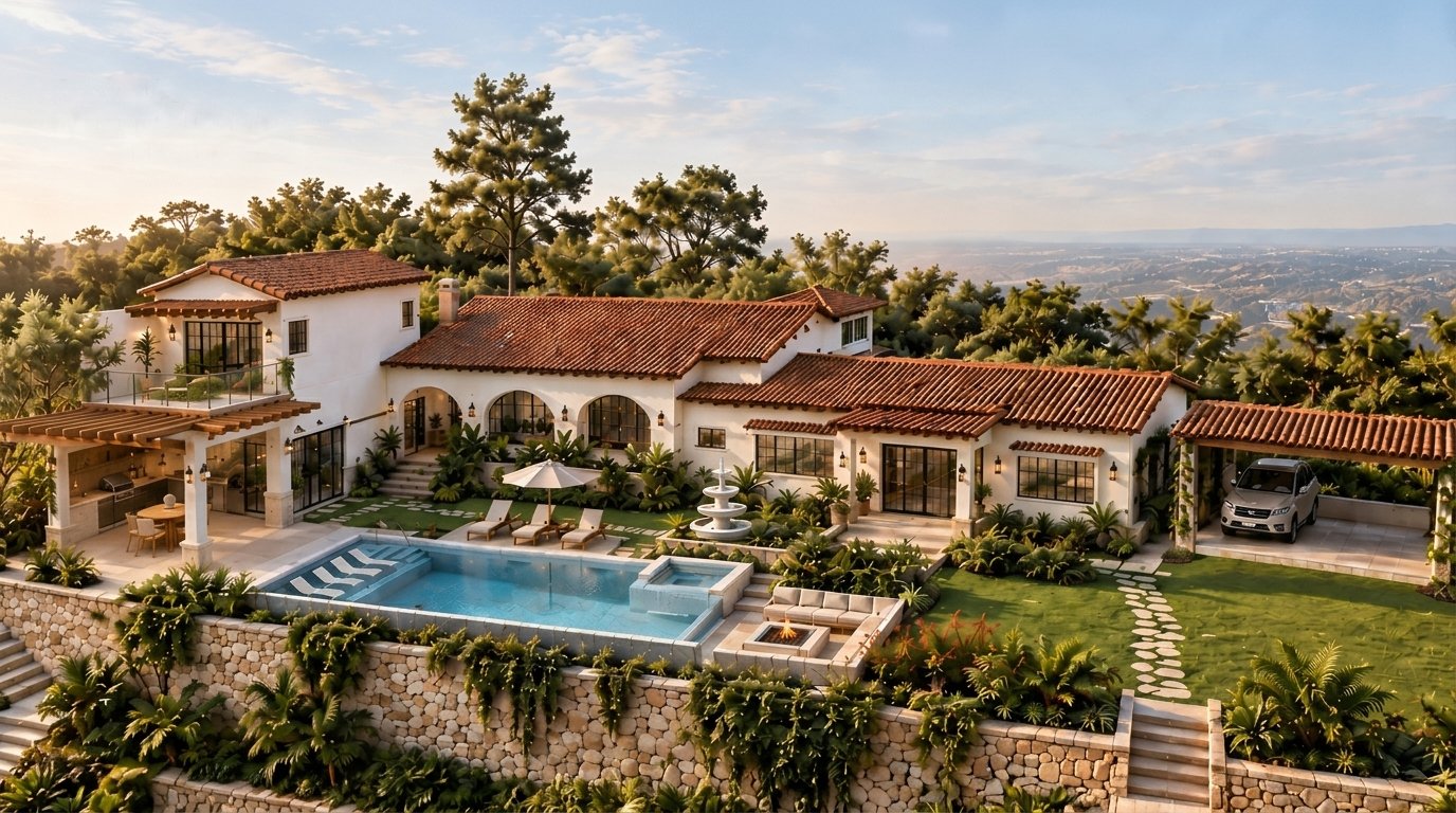 Vista aérea del Hogar J&C en Planes de Renderos: casa colonial moderna con techos de teja, piscina y jardín en terrazas con vista al valle