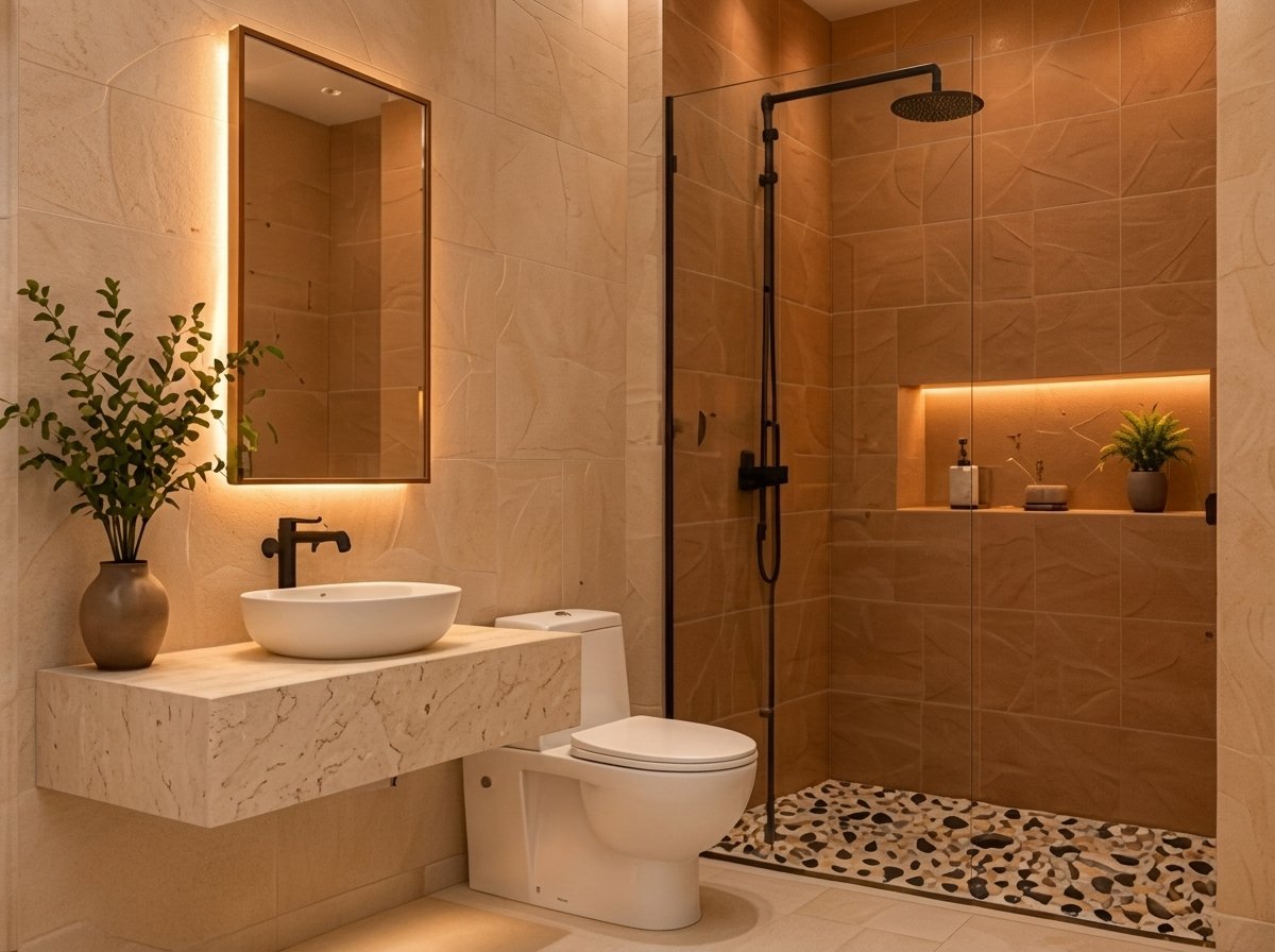 Baño principal con lavabo de travertino, espejo iluminado y ducha con piso de piedra