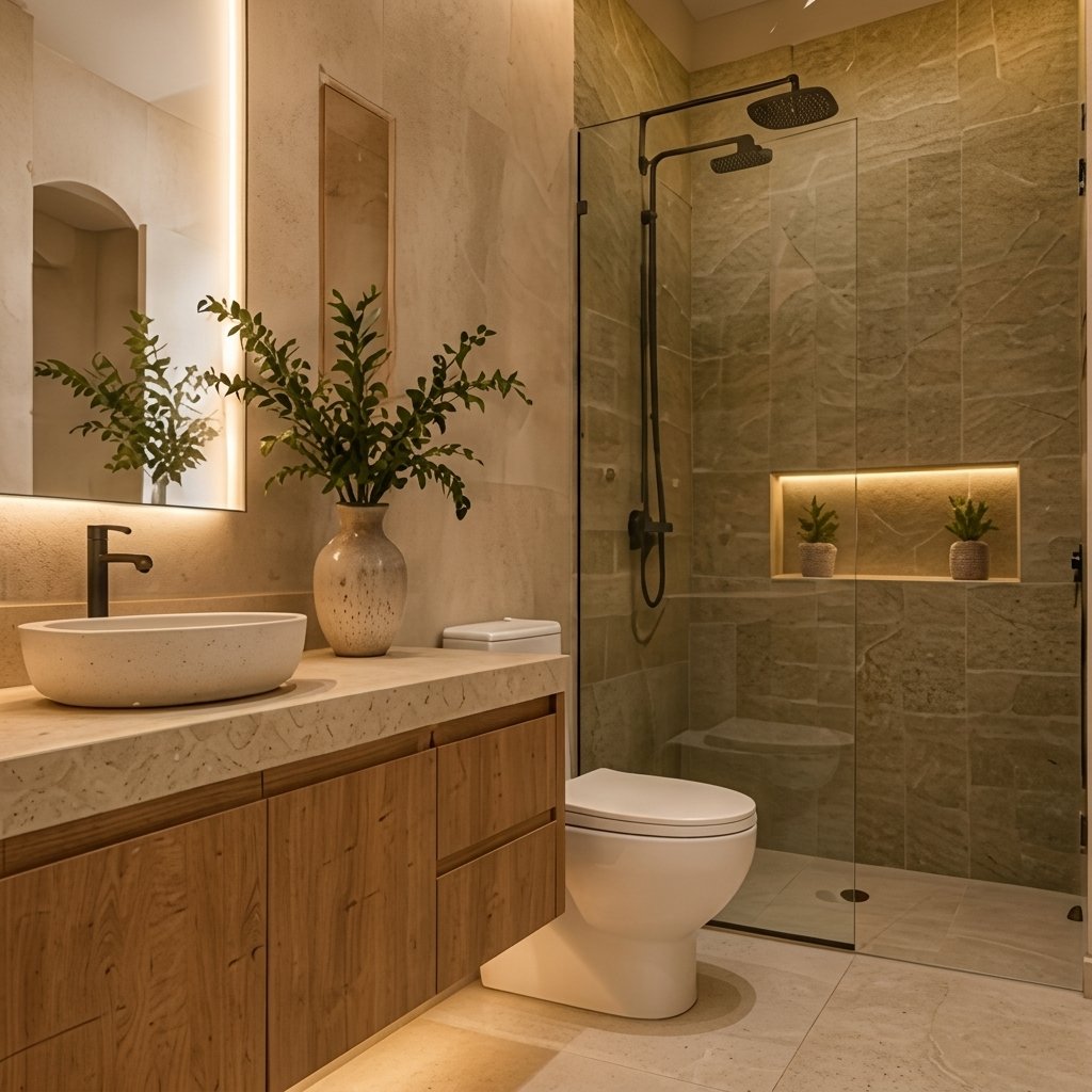 Baño principal con mueble de madera, lavamanos de piedra y ducha en cerámica verde