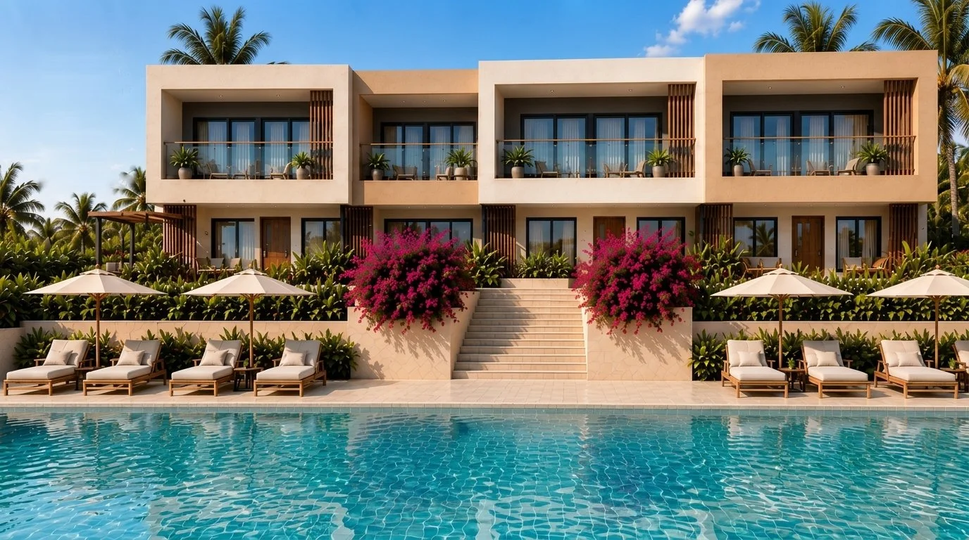 Fachada de los apartamentos JL en El Sunzal con piscina, camastros y buganvilias