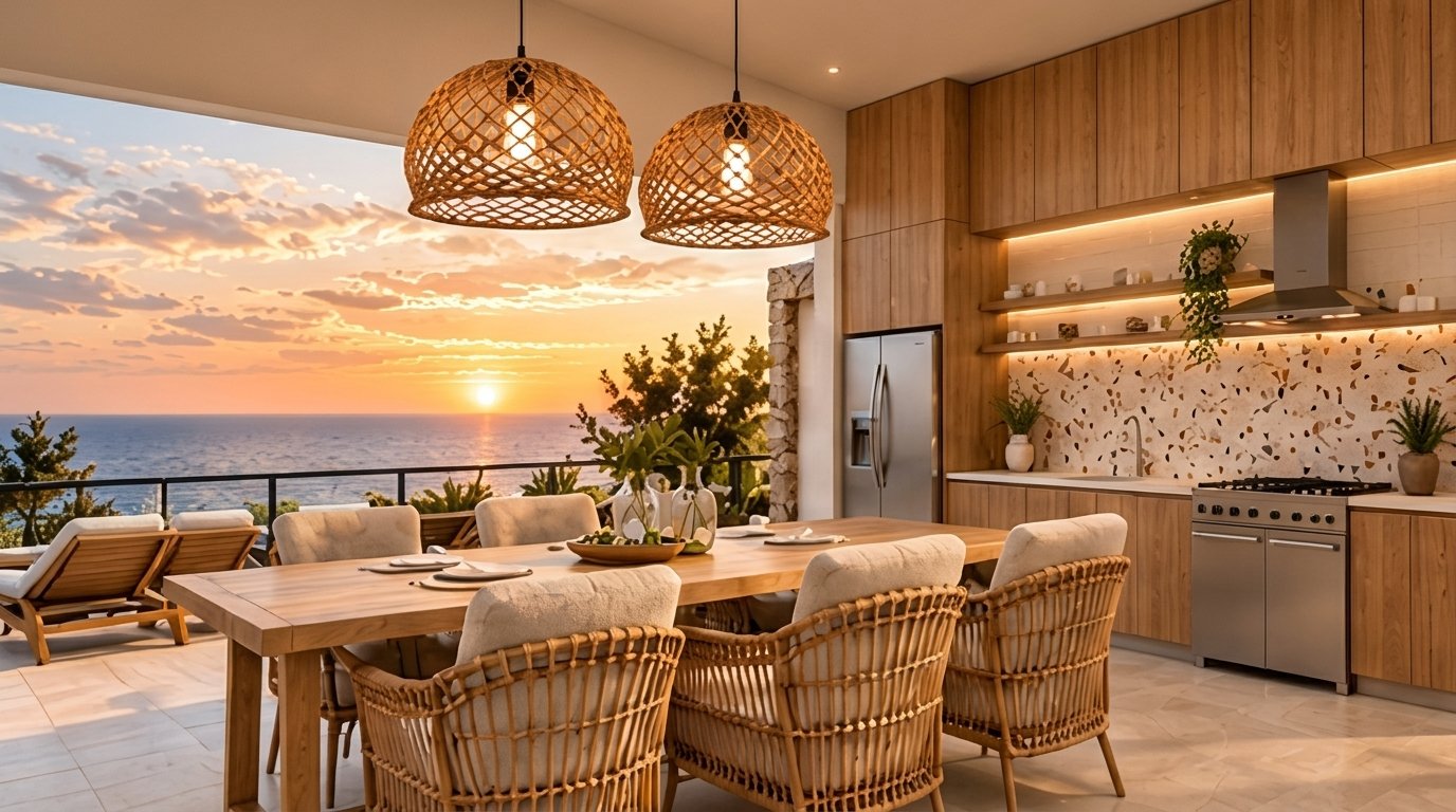 Cocina y comedor abiertos con lámparas de fibra y vista al mar