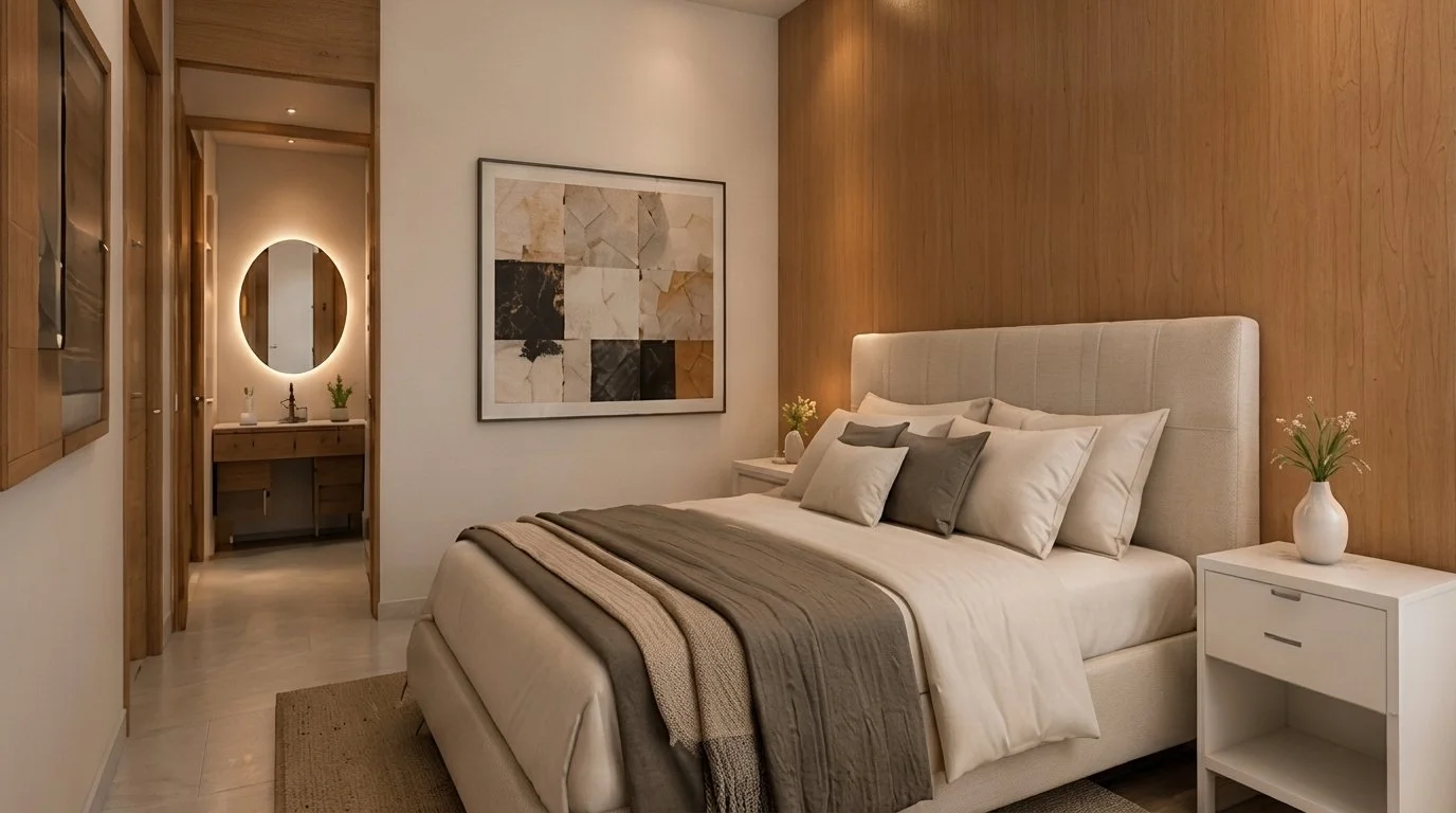 Dormitorio principal con pared de madera y espejo iluminado