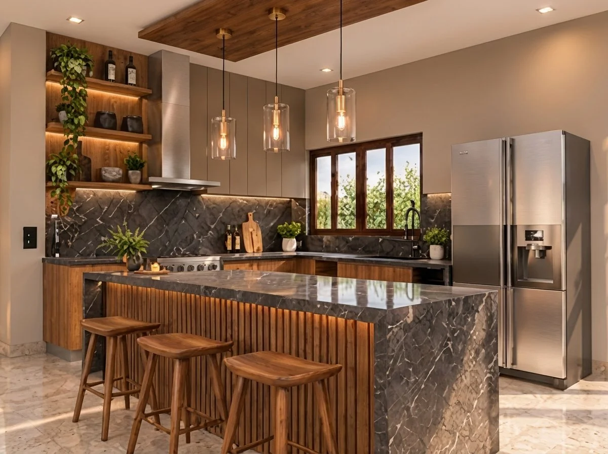 Cocina con isla de mármol oscuro, banquetas de madera y lámparas colgantes