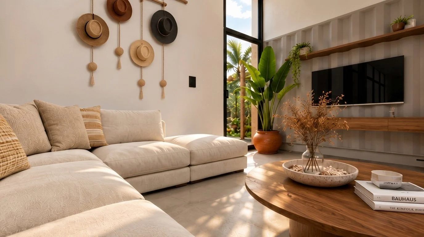 Sala con sofá modular claro, mesa de madera redonda y sombreros decorativos
