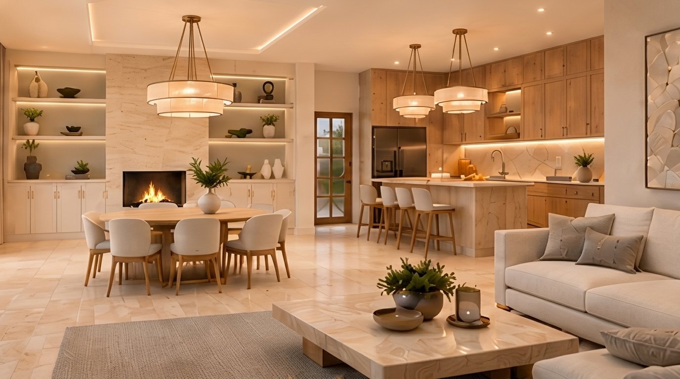 Sala, comedor y cocina integrados en tonos crema y madera clara