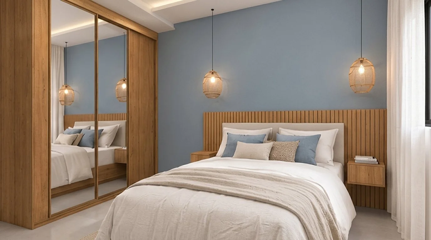 Dormitorio principal con cabecera de madera y lámparas colgantes