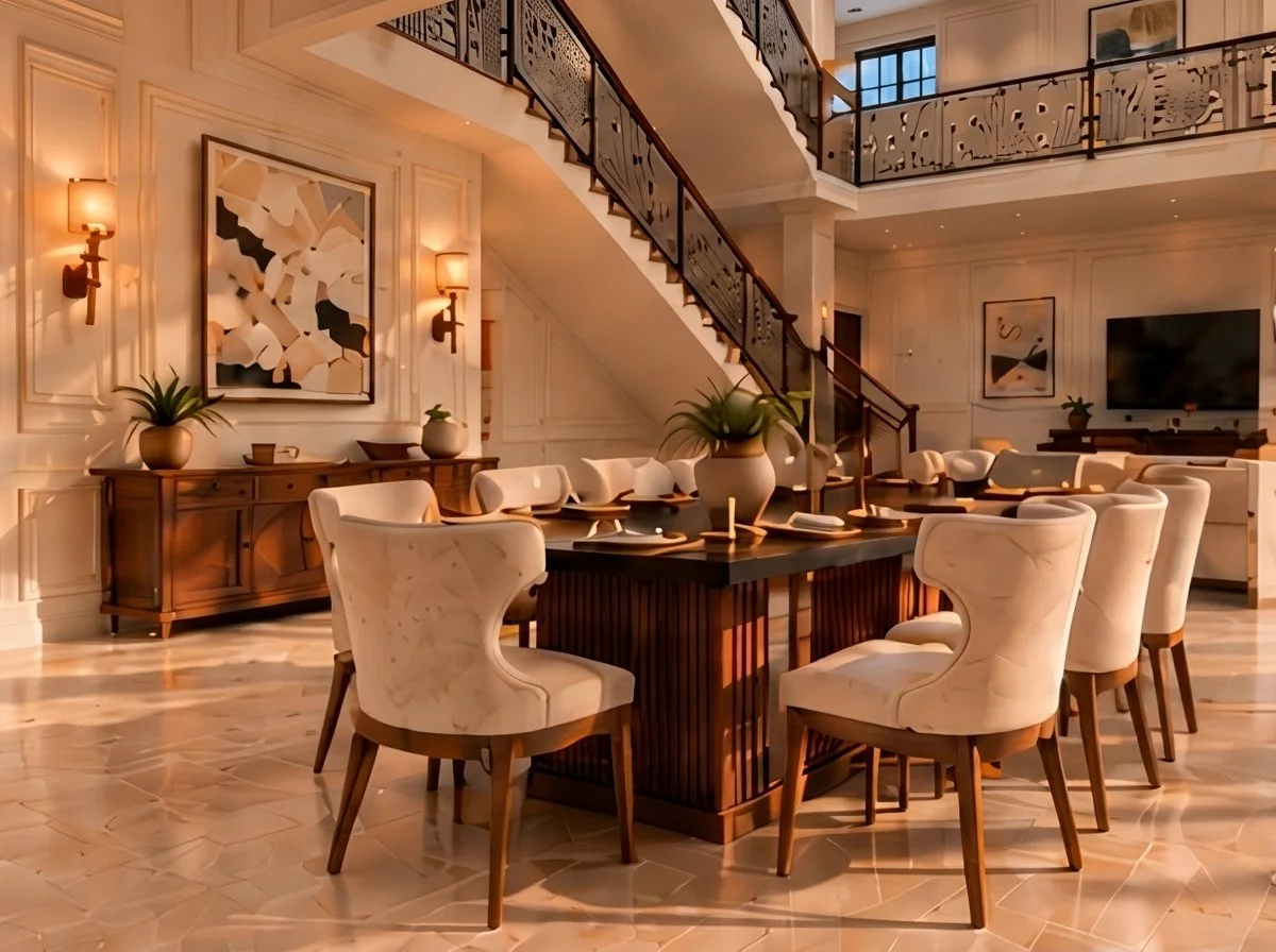 Comedor con sillas tapizadas, escalera con barandal de hierro y sala al fondo
