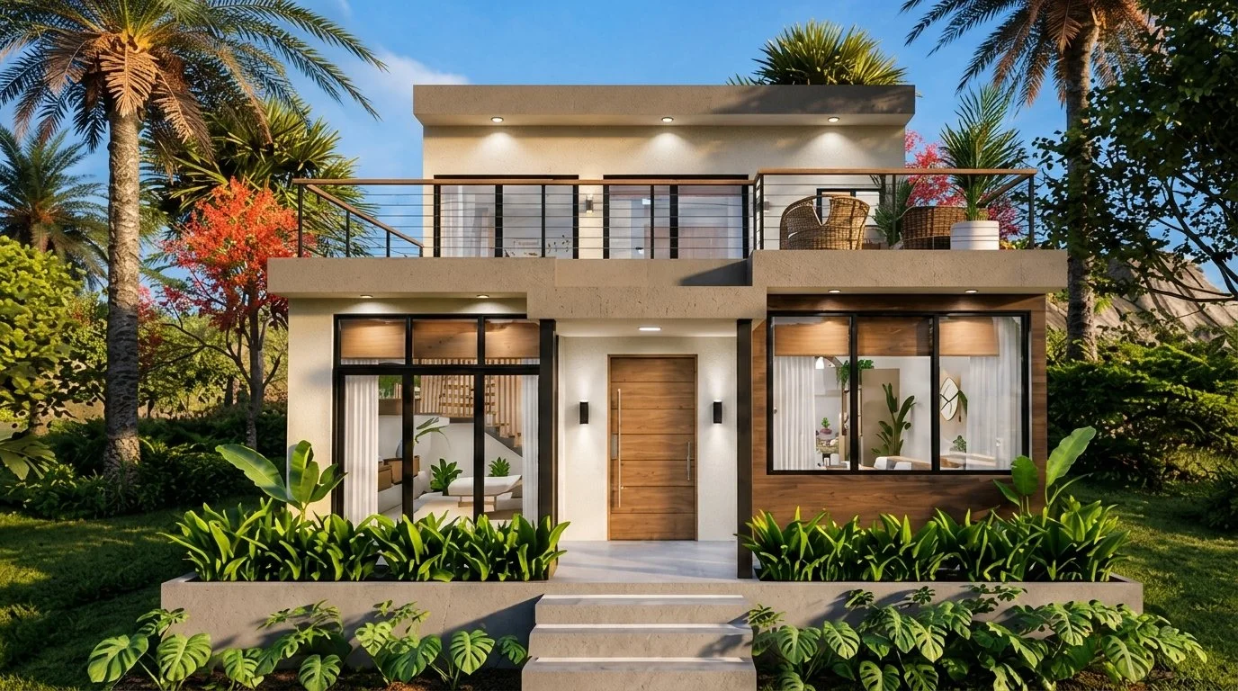 Fachada de la casa E&D en Playa La Ventana, rodeada de palmeras y vegetación tropical