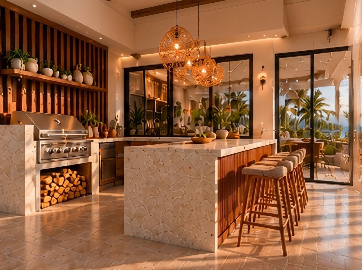 Cocina abierta con isla de piedra, parrilla, leñero y bancos de madera
