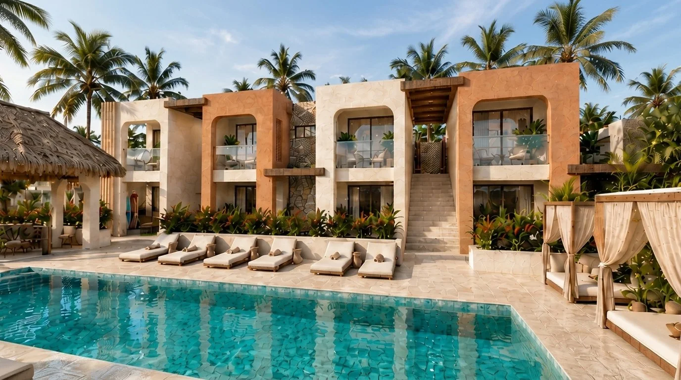 Hotel GE en Punta Mango: edificio de volúmenes beige y terracota con piscina, camastros y cabañas de tela