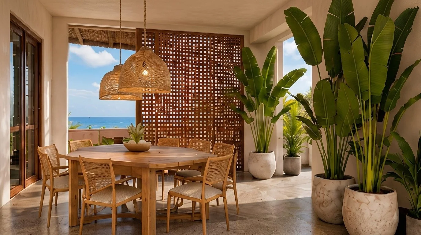Terraza comedor con mesa redonda de madera, celosía de ladrillo y vista al mar