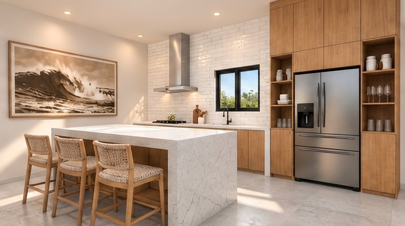 Cocina con isla de mármol, banquetas tejidas y gabinetes de madera