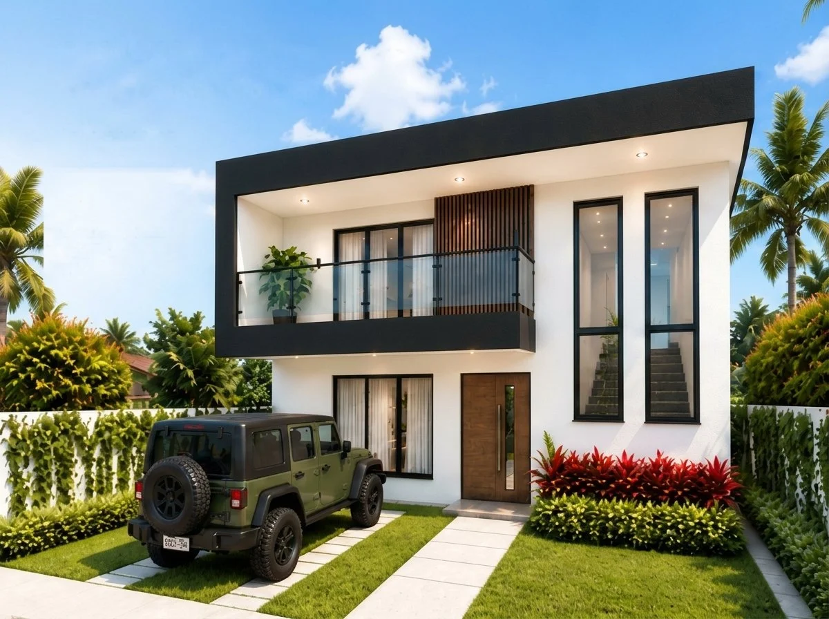 Fachada de la residencia Sol: casa moderna blanca con volado negro, balcón de vidrio y jardín frontal