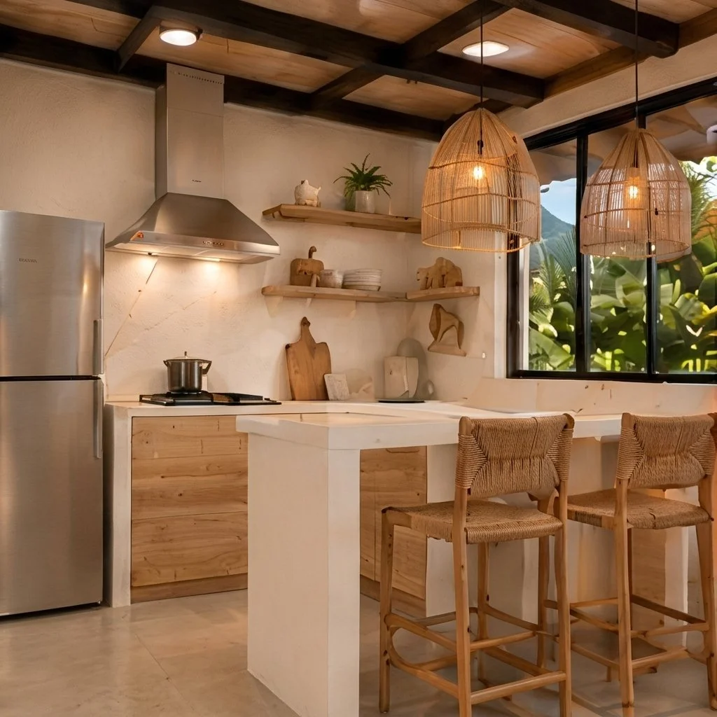 Cocina con barra de madera, lámparas de fibra y repisas abiertas