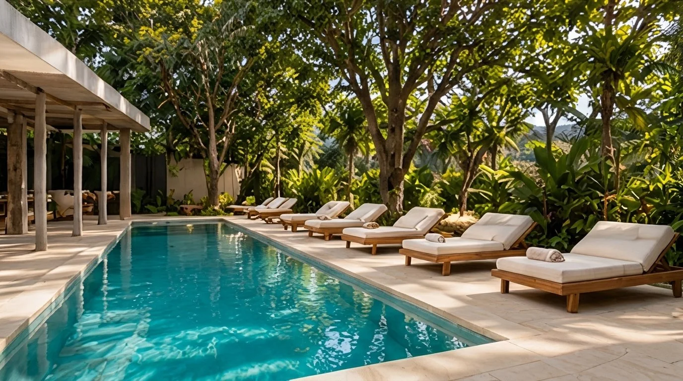 Área exterior con piscina y camastros bajo los árboles