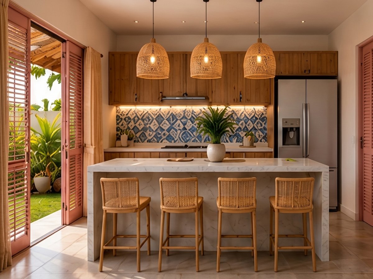 Cocina con isla, bancos de fibra, lámparas de mimbre y azulejo azul y blanco