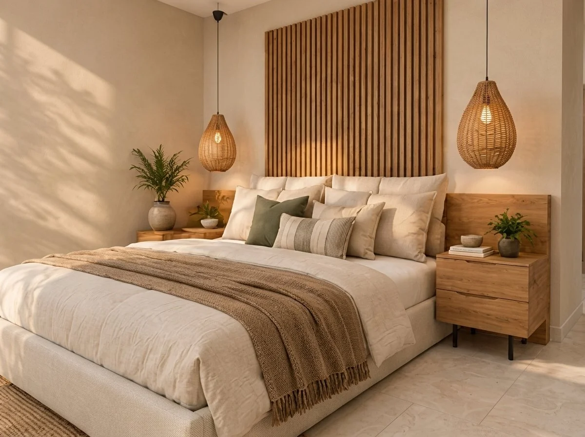 Dormitorio principal con cabecera de listones de madera y lámparas de fibra natural