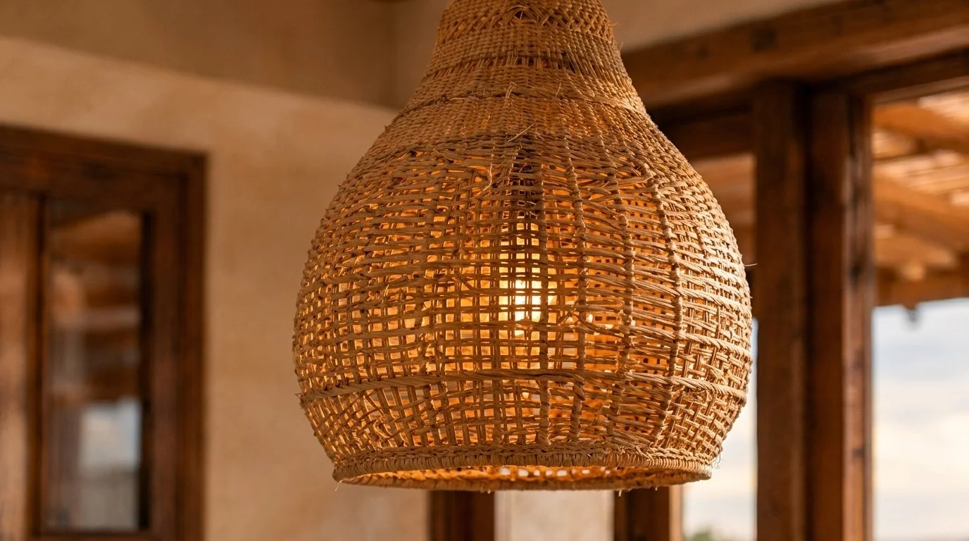 Detalle de lámpara colgante tejida en fibra natural