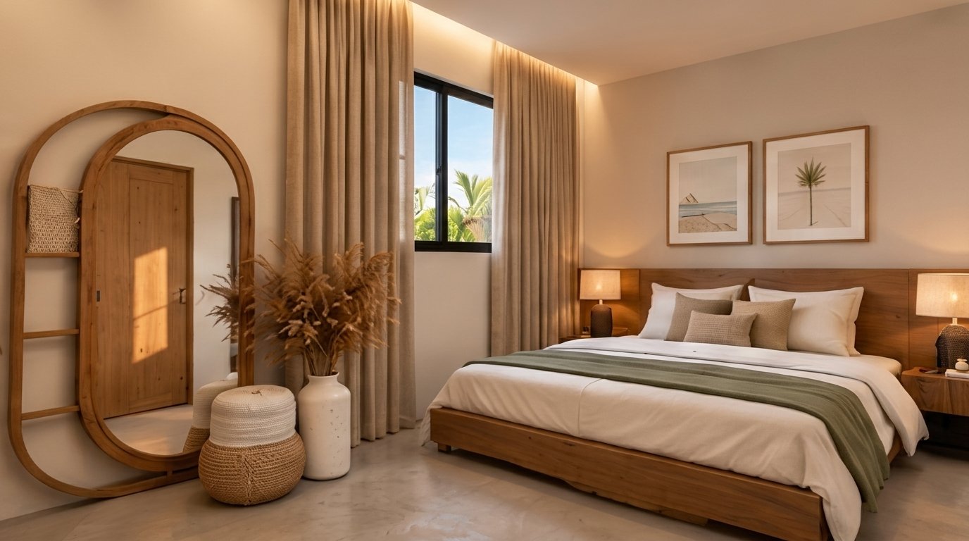 Dormitorio con cama de madera, espejo arqueado y cortinas de lino