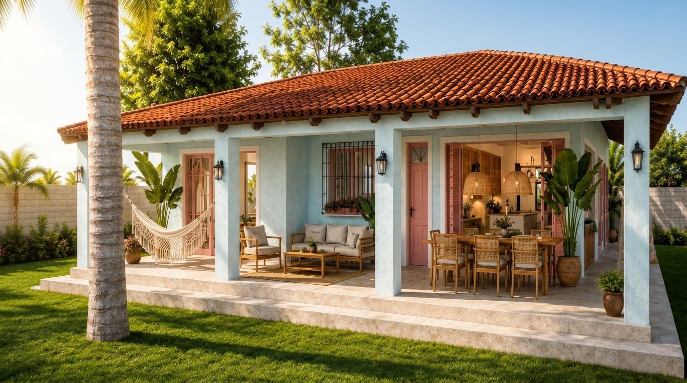 Casa Refugio de Cuyancua en Sunzal Izcanal: casa de una planta con muros celeste, puertas rosadas, techo de teja y corredor con hamaca y comedor