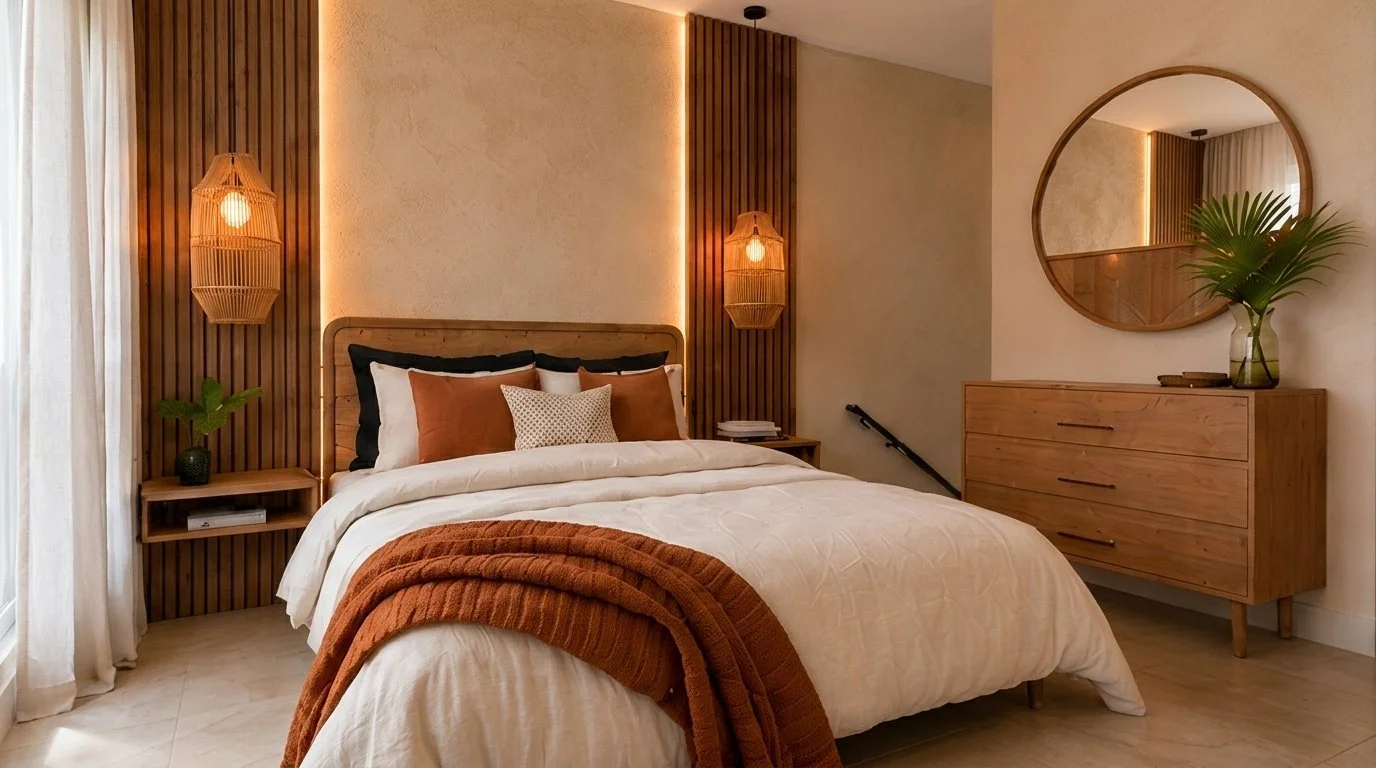 Dormitorio principal con cabecera de madera y textiles terracota