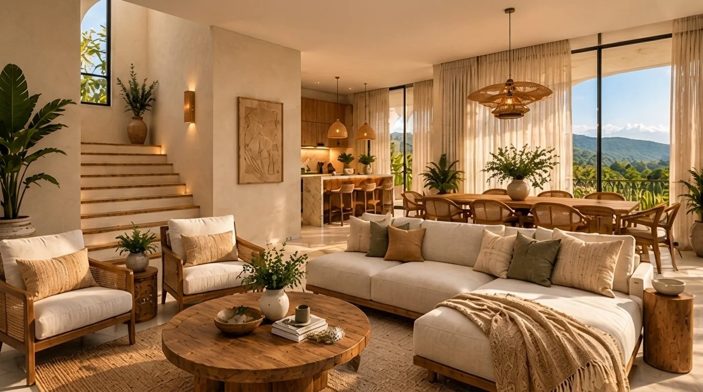 Sala, comedor y cocina abiertos con muebles de madera y ventanales hacia el paisaje tropical