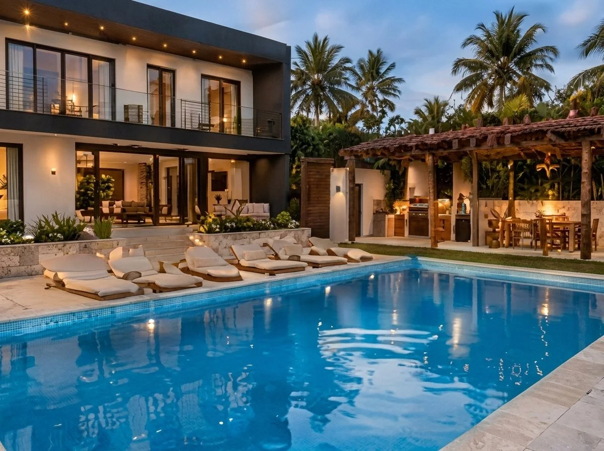 Piscina iluminada al atardecer con camastros frente a la casa