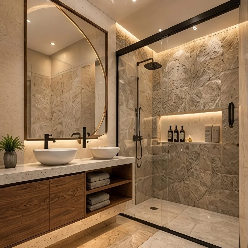 Baño en mármol gris con ducha de vidrio y mueble de madera