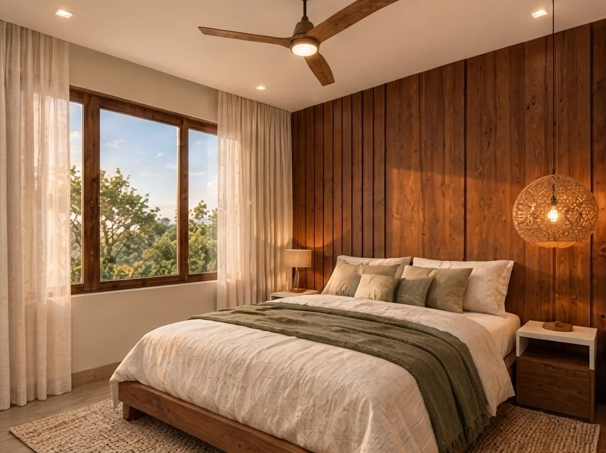 Dormitorio principal con pared de madera y ventilador de techo