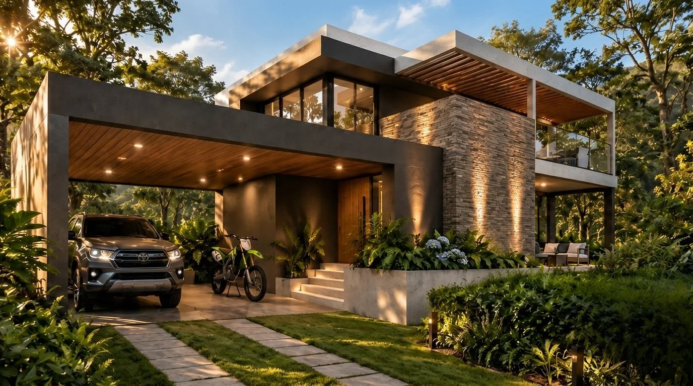 Casa LR en el Volcán de San Salvador, de concreto oscuro, muro de piedra y cochera con cielo de madera entre la vegetación