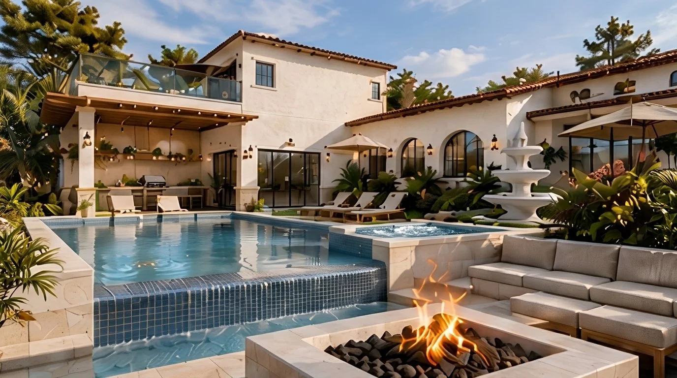Piscina con borde infinito, fogatero y sala exterior frente a la casa