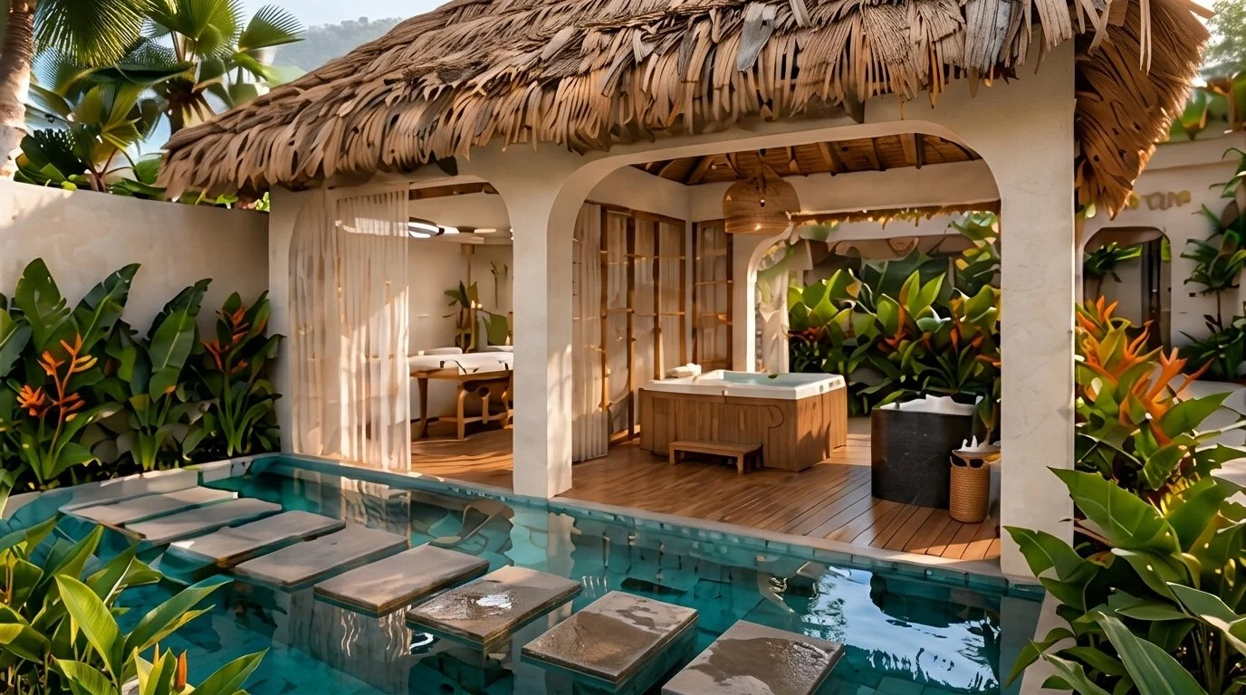 Spa con área de relajación, jacuzzi y piscina rodeada de vegetación