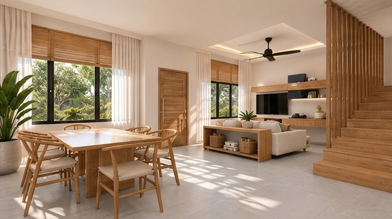 Sala y comedor con madera natural y escalera de madera