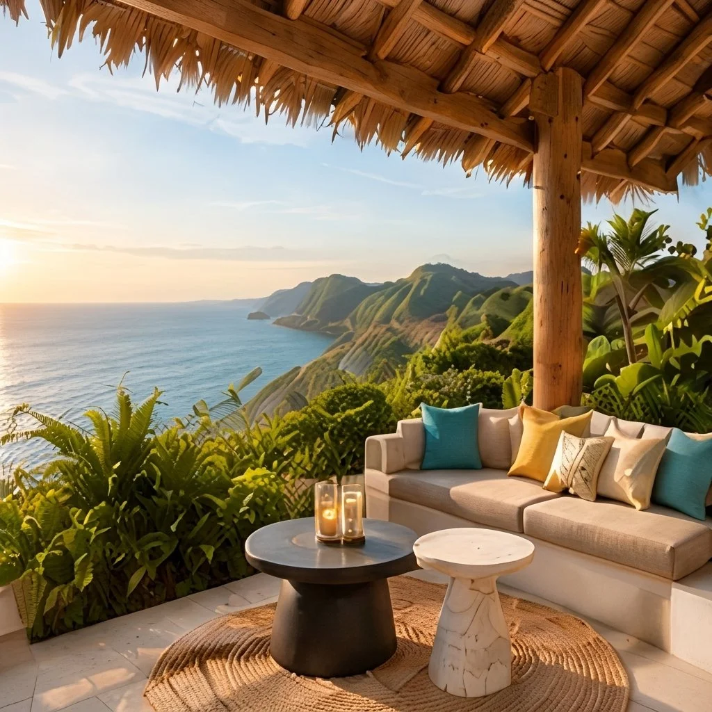 Terraza techada con sala exterior y vista al mar al atardecer