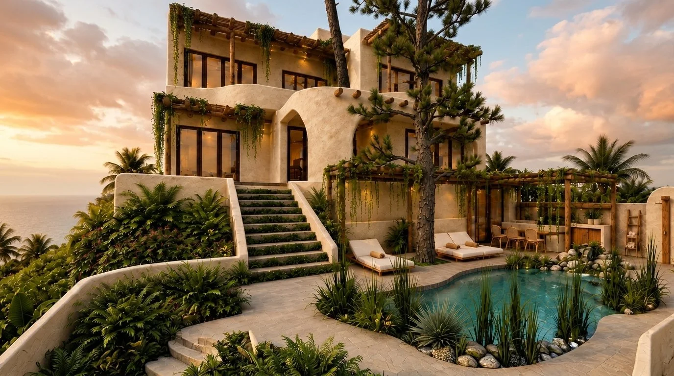 Residencia HS en Cerro Mar: casa escalonada color arena con piscina, pérgolas de madera y vista al océano