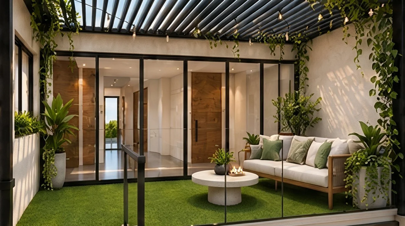 Jardín interior con pérgola, enredaderas y sala exterior