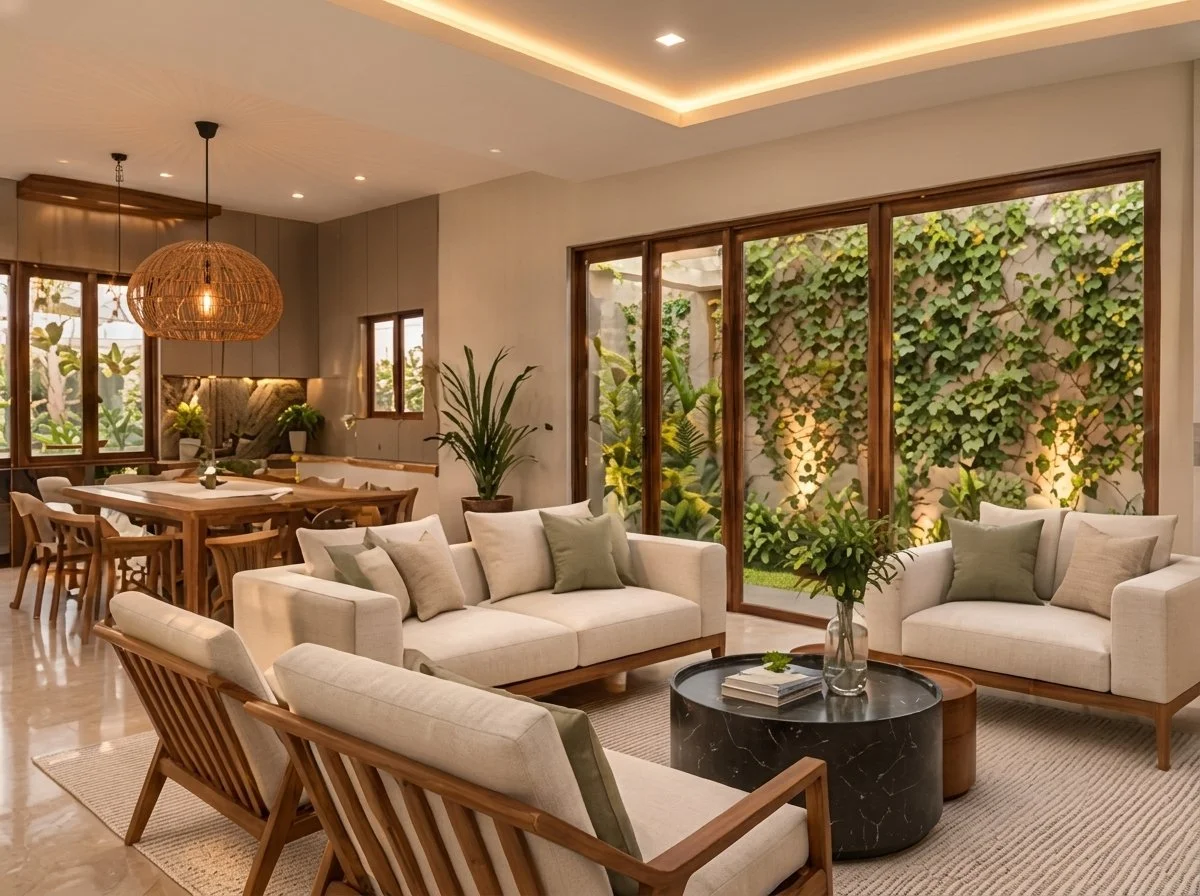 Sala y comedor con sofás claros y ventanales hacia el jardín