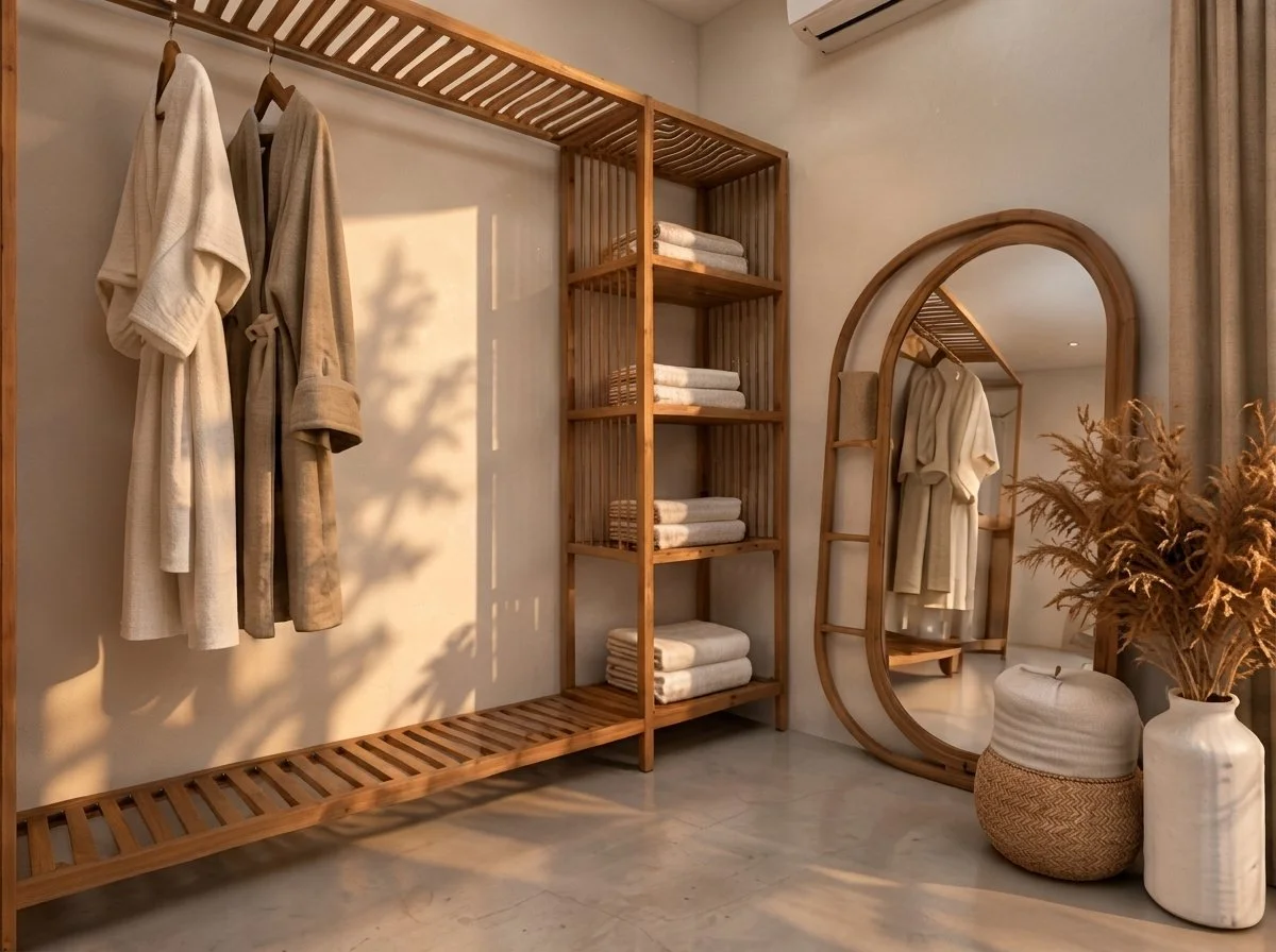 Vestidor abierto de madera con batas, toallas y espejo arqueado
