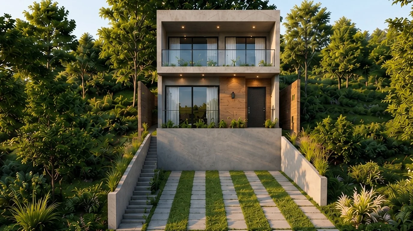 Casa CG de dos niveles en Cumbres de Zaragoza, en ladera rodeada de árboles, con escalinata de concreto