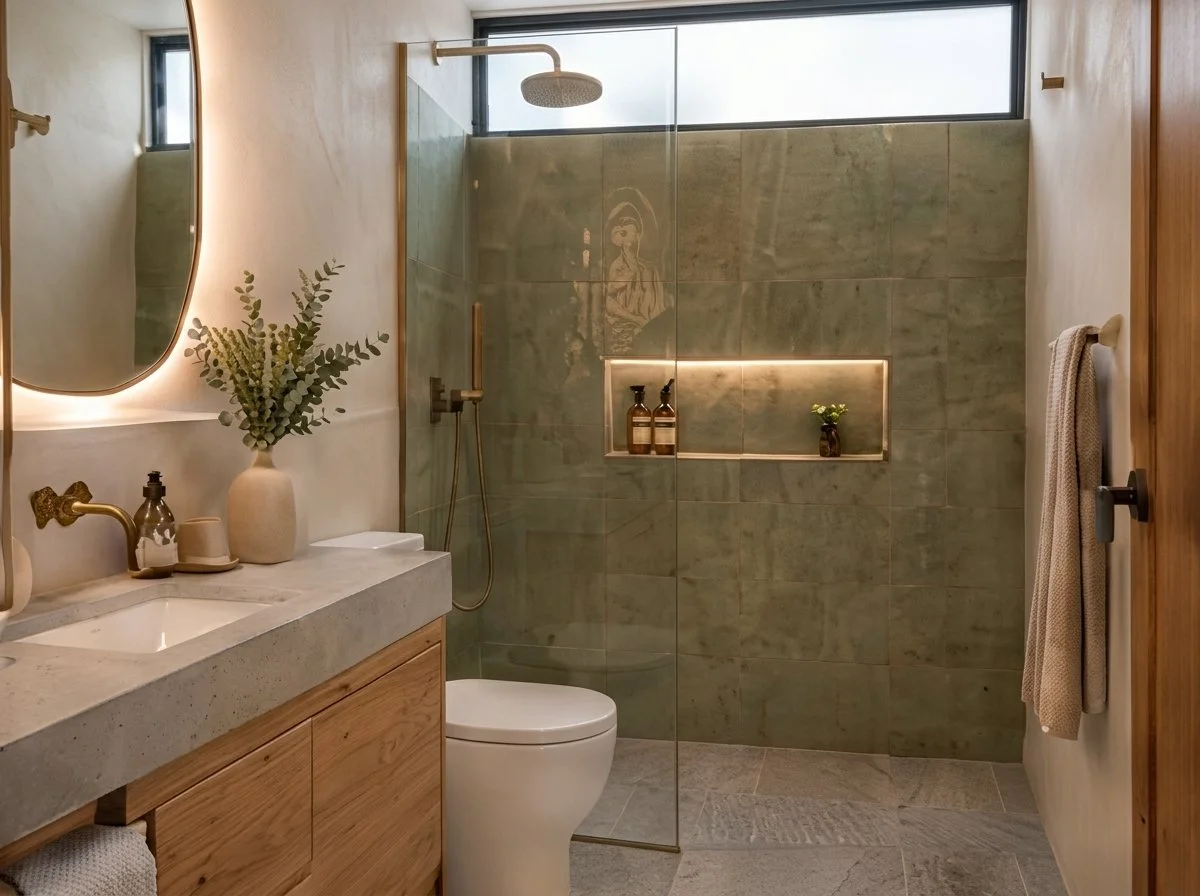 Baño principal con azulejo verde, espejo iluminado y mueble de madera