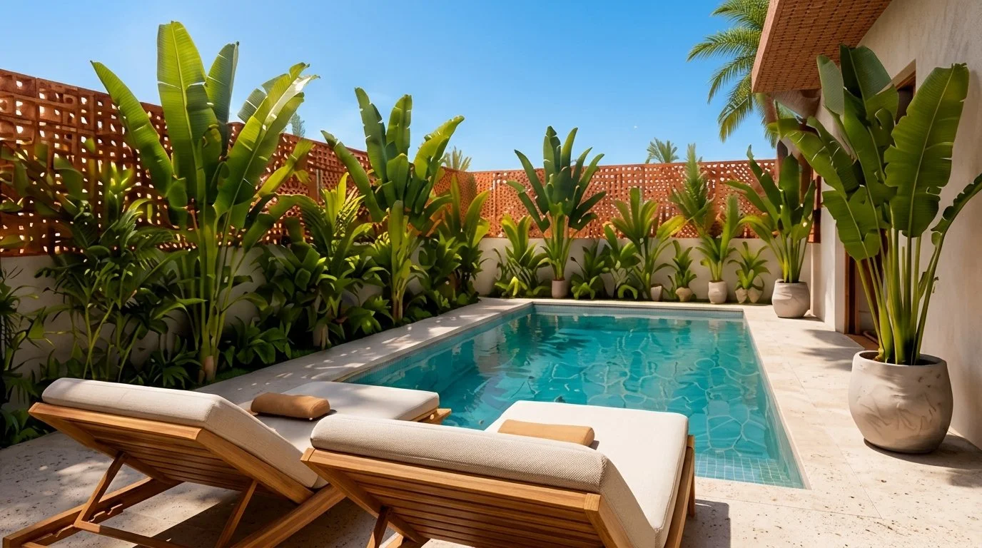 Piscina rodeada de jardín tropical y muro de celosía de ladrillo