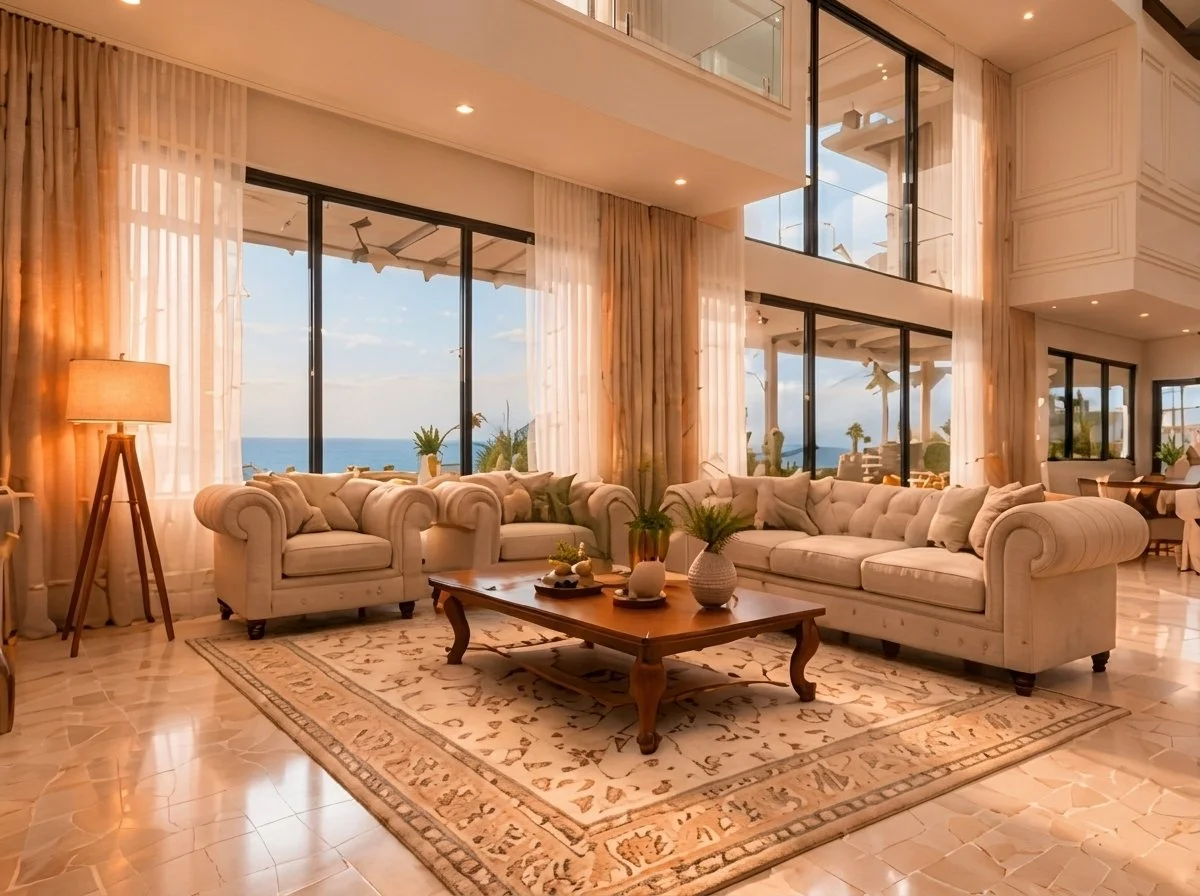 Sala de doble altura con sofás capitoné y ventanales con vista al mar