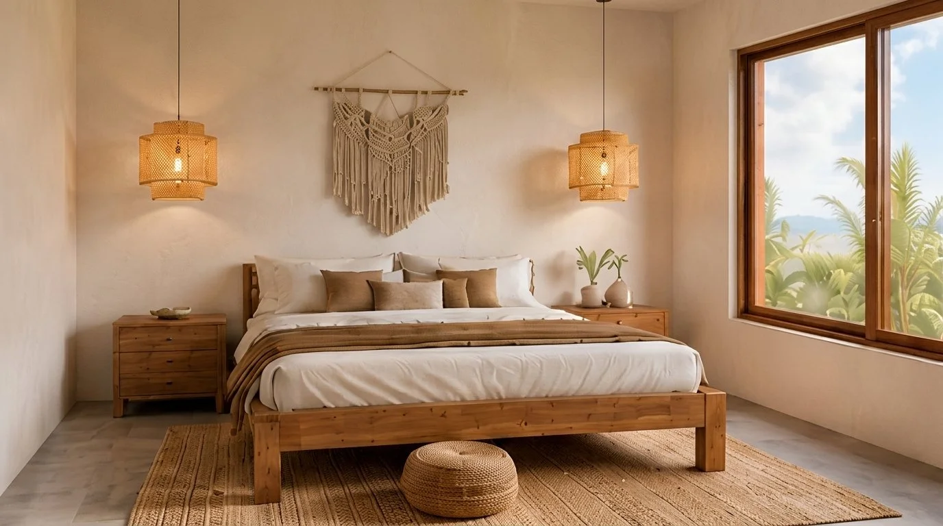 Dormitorio principal con cama de madera, macramé y lámparas de fibra