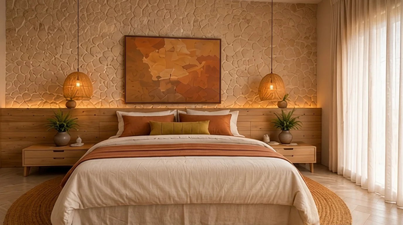 Dormitorio principal con muro texturizado, lámparas de fibra y cabecera de madera