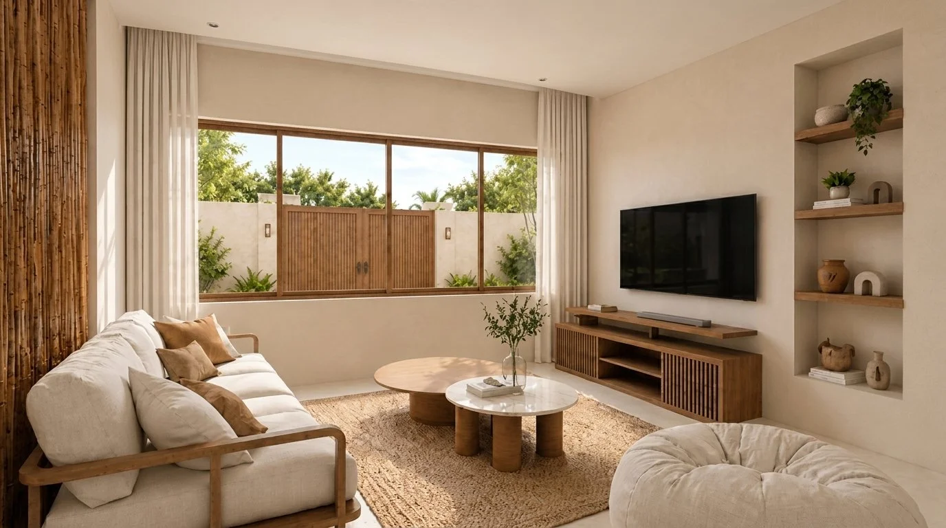 Sala con sofá claro, mesas de centro de madera, repisas empotradas y ventana al jardín
