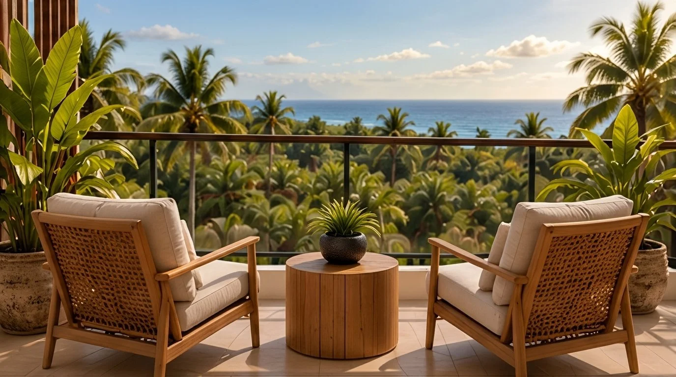 Terraza con sillones de ratán y vista al mar entre palmeras