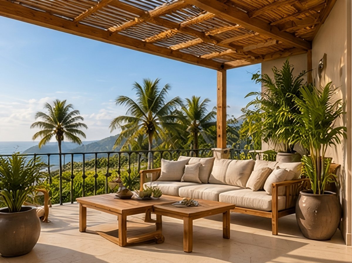 Terraza techada con sala exterior, plantas y vista a las palmeras y al mar