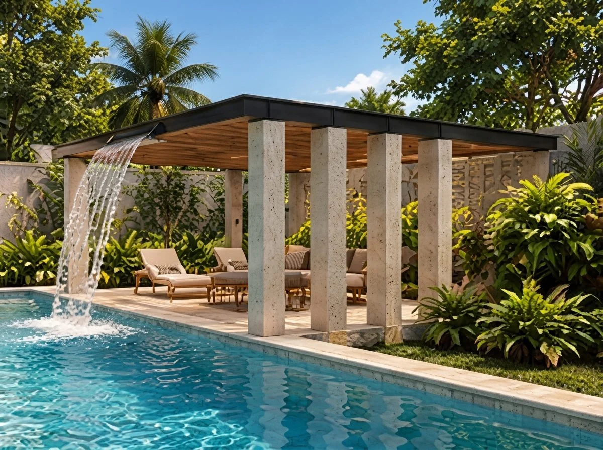 Piscina con cascada bajo pérgola y camastros entre palmeras