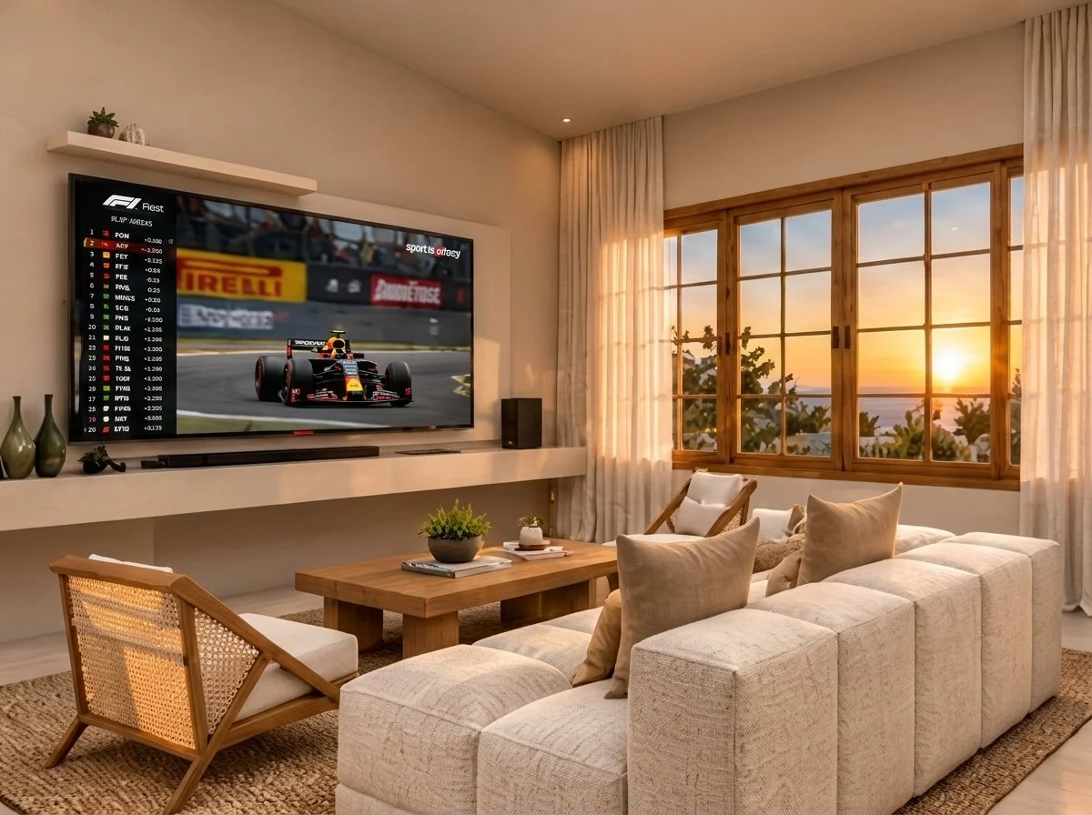 Sala con sofá modular blanco y ventanal al atardecer